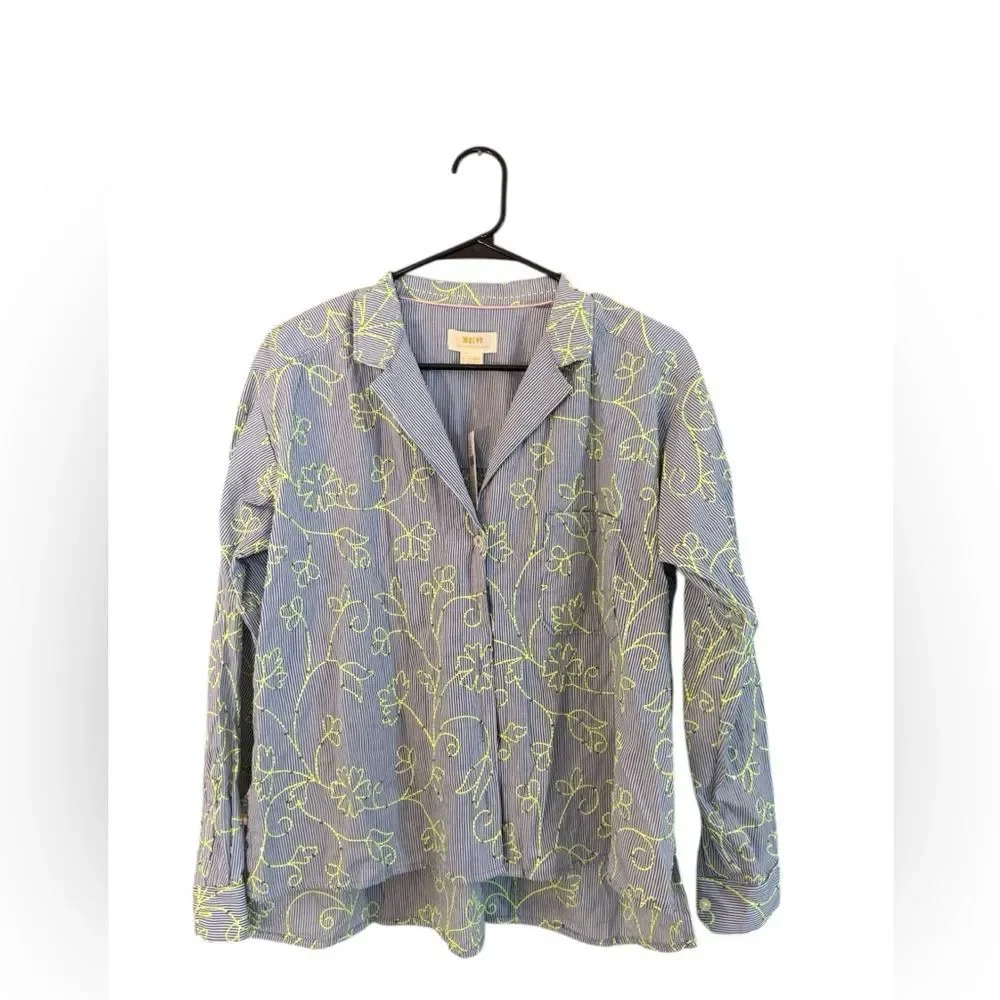 Maeve Blue Stripe Button-Front Blouse with Floral Embroidery 4 NWT